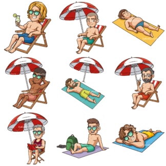 Cartoon men sunbathing. PNG - JPG and infinitely scalable vector EPS - on white or transparent background.