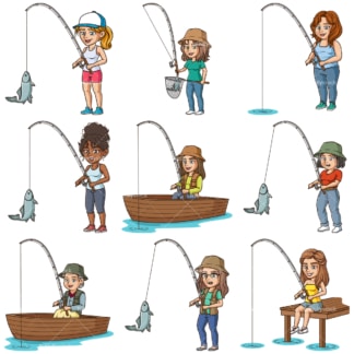 Cartoon women fishing. PNG - JPG and infinitely scalable vector EPS - on white or transparent background.