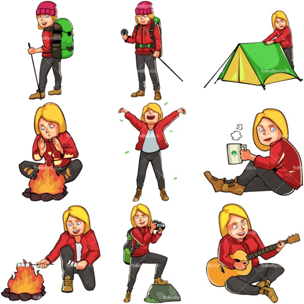 Caucasian female camping and hiking. PNG - JPG and vector EPS file formats (infinitely scalable). Images isolated on transparent background.
