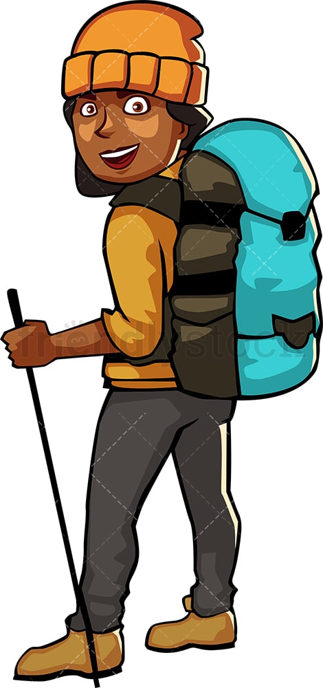 Black woman wearing hiking gear and backpack. PNG - JPG and vector EPS file formats (infinitely scalable). Image isolated on transparent background.