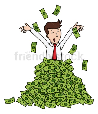 Businessman in pile of cash tossing up. PNG - JPG and vector EPS (infinitely scalable).