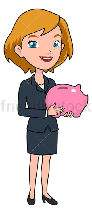 Businesswoman holding piggy bank. PNG - JPG and vector EPS file formats (infinitely scalable). Image isolated on transparent background.