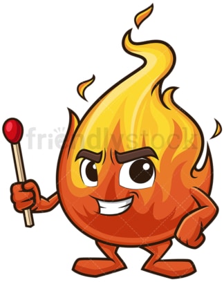 Flame mascot holding match stick. PNG - JPG and vector EPS (infinitely scalable).