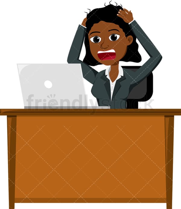 Freaked out black woman looking at her screen. PNG - JPG and vector EPS file formats (infinitely scalable). Image isolated on transparent background.