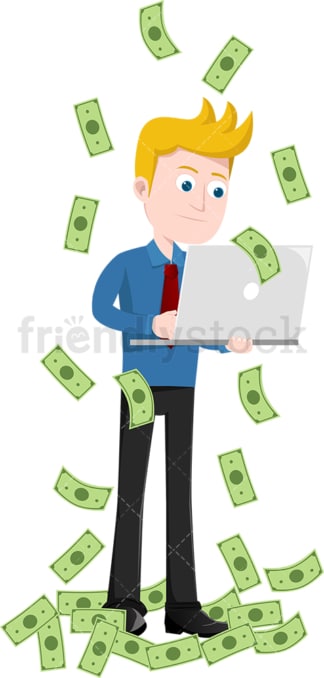 Man working with laptop while money rain down around him. PNG - JPG and vector EPS file formats (infinitely scalable). Image isolated on transparent background.