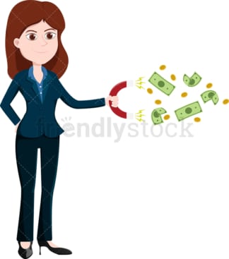 Woman using magnet to attract money. PNG - JPG and vector EPS file formats (infinitely scalable). Image isolated on transparent background.