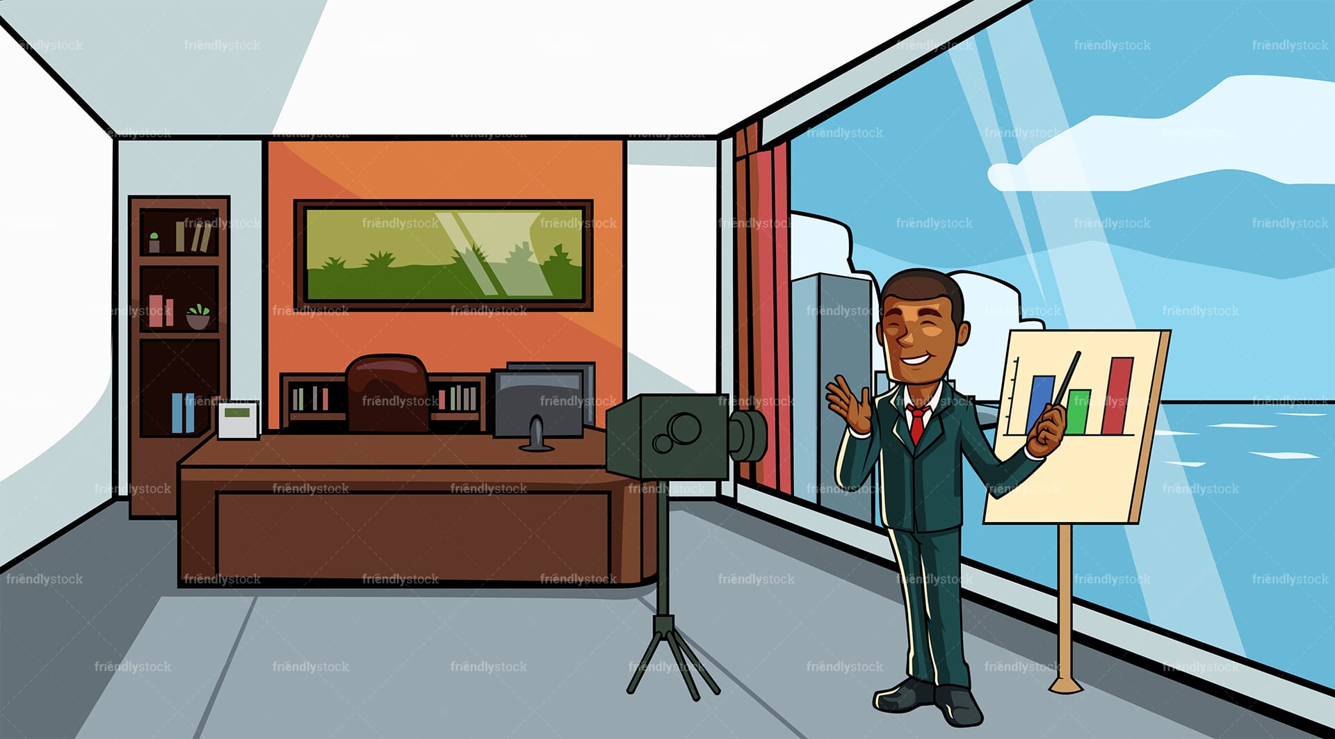 Black Businessman Recording A Video At The Office Cartoon Scene -  FriendlyStock