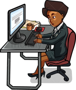 Black woman at work using computer. PNG - JPG and vector EPS file formats (infinitely scalable). Image isolated on transparent background.