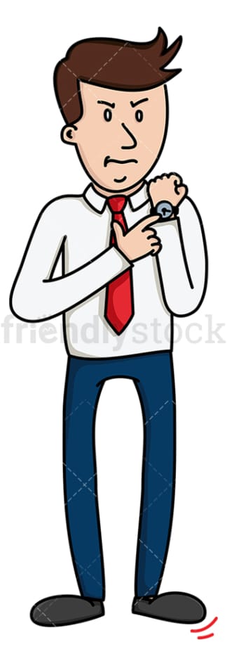 Impatient businessman pointing at watch. PNG - JPG and vector EPS file formats (infinitely scalable). Image isolated on transparent background.