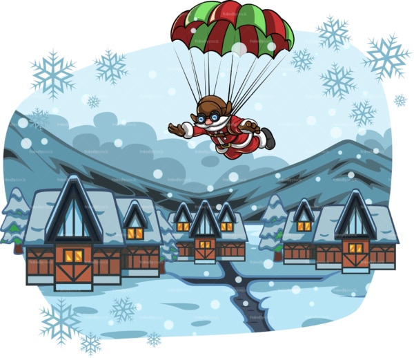 Santa parachuting in village covered in snow. PNG - JPG and vector EPS file formats (infinitely scalable). Image isolated on transparent background.