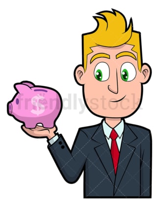 Businessman holding tiny piggy bank. PNG - JPG and vector EPS file formats (infinitely scalable). Image isolated on transparent background.
