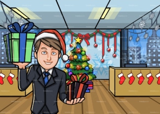 Man at christmas decorated office holding presents. PNG - JPG and vector EPS file formats (infinitely scalable). Image isolated on transparent background.