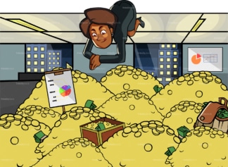 Black woman diving in a pile of gold. PNG - JPG and vector EPS file formats (infinitely scalable). Image isolated on transparent background.