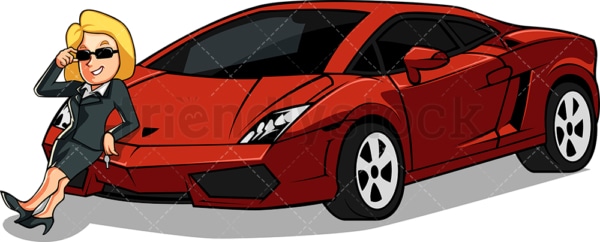 Rich woman showing off her super car. PNG - JPG and vector EPS file formats (infinitely scalable). Image isolated on transparent background.
