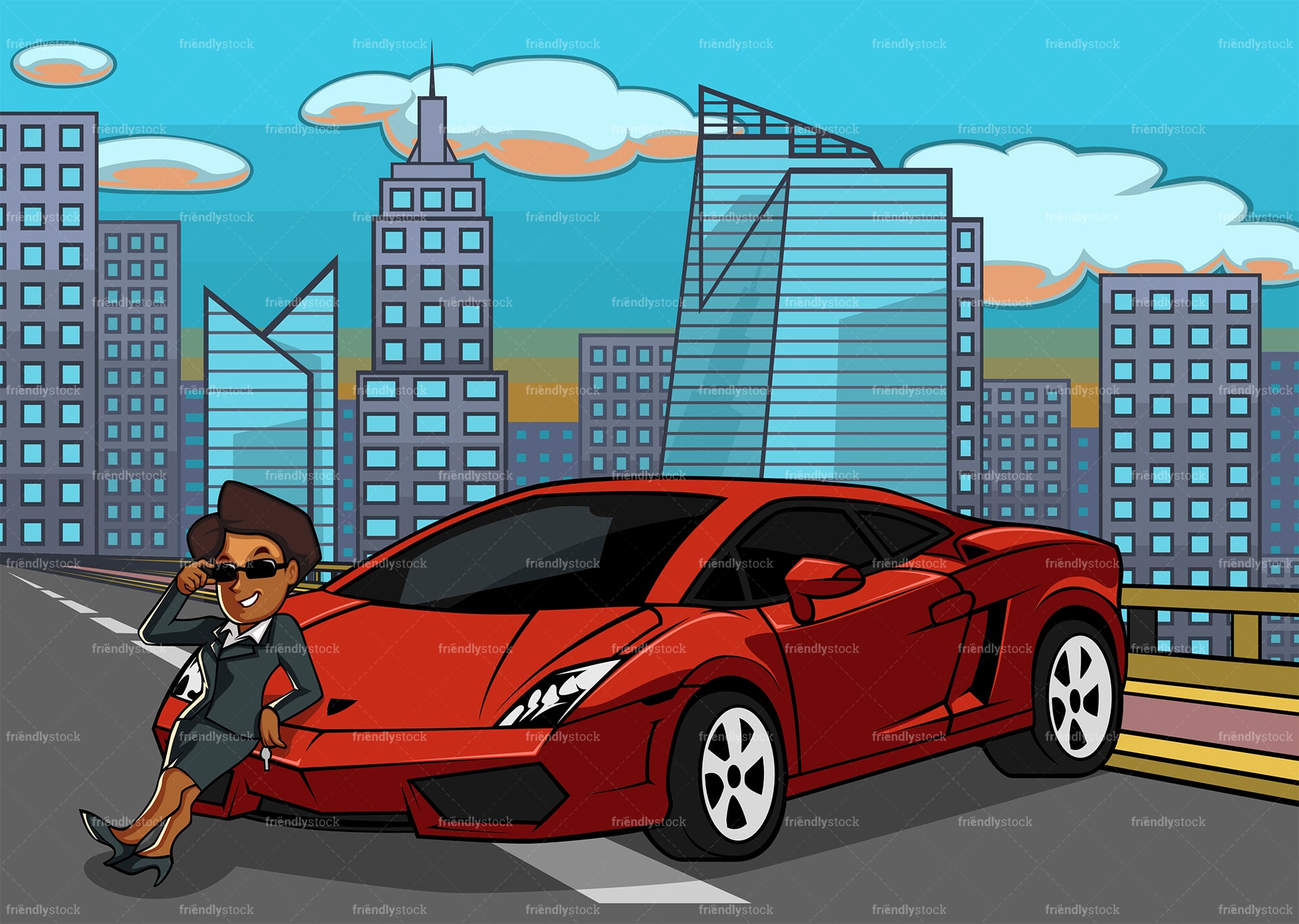 Black woman leaning on supercar with the city in the distance. PNG - JPG and vector EPS file formats (infinitely scalable). Image isolated on transparent background.