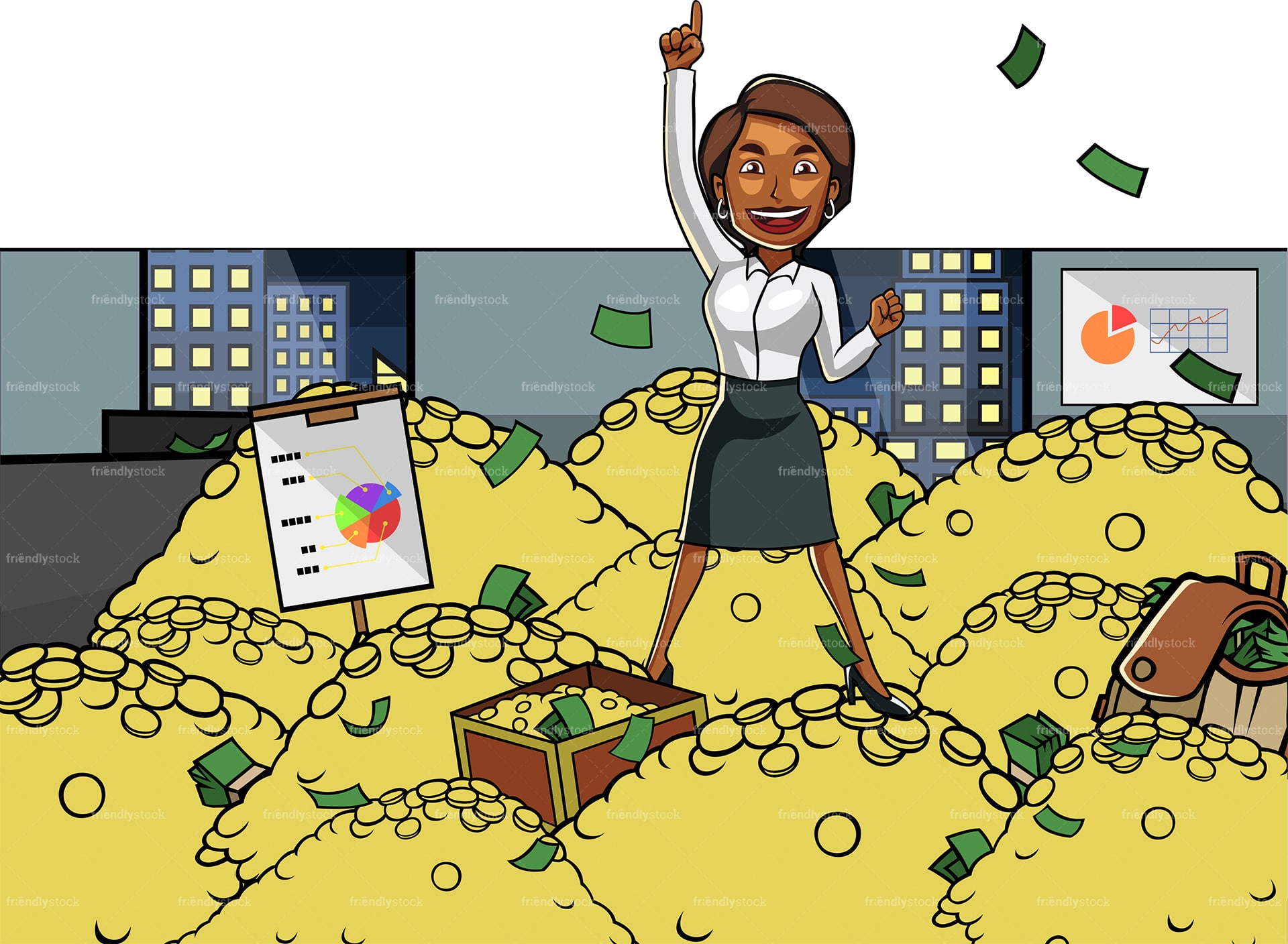 Black Business Woman Standing On Pile Of Gold Cartoon Scene - FriendlyStock