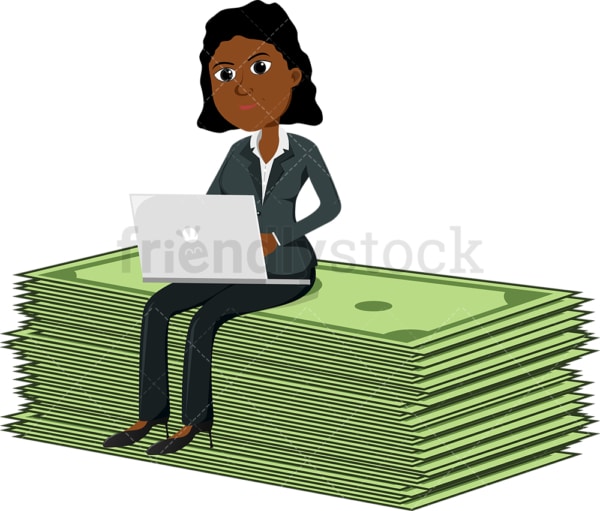 Black woman atop an abnormally large bill strap. PNG - JPG and vector EPS file formats (infinitely scalable). Image isolated on transparent background.