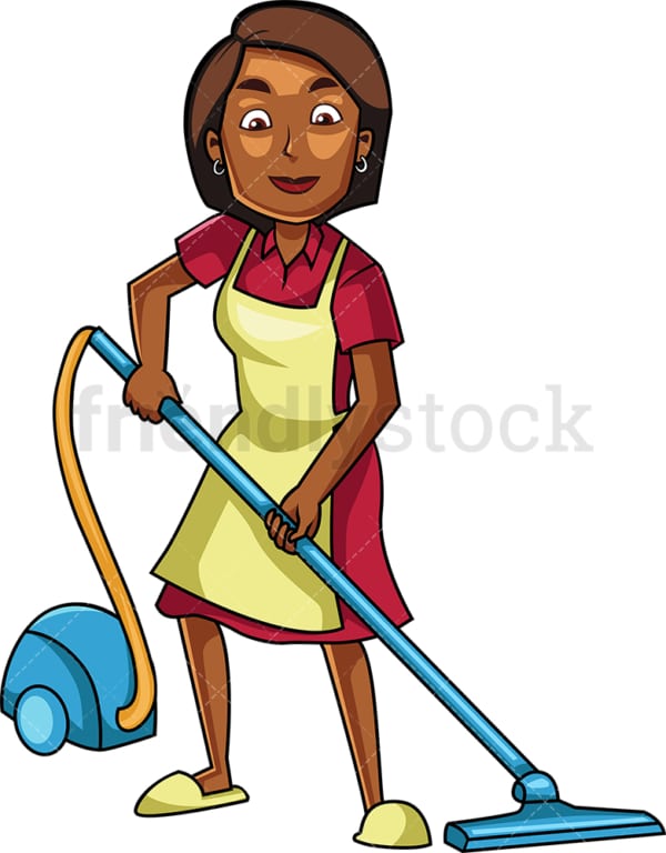 Black woman using canister vacuum. PNG - JPG and vector EPS file formats (infinitely scalable). Image isolated on transparent background.
