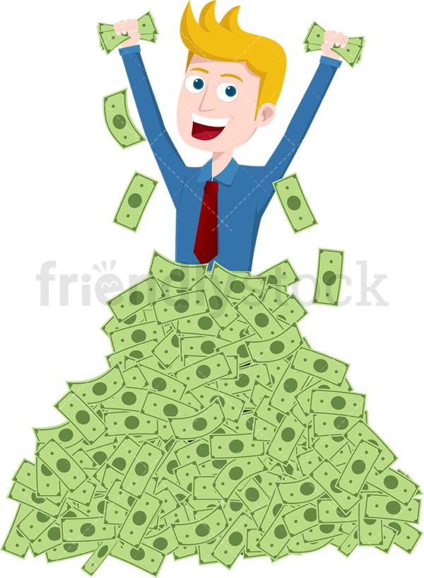 Man standing waist deep in pile of money. PNG - JPG and vector EPS file formats (infinitely scalable). Image isolated on transparent background.