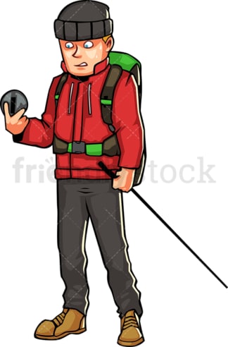 Man with hiking gear looking at compass. PNG - JPG and vector EPS file formats (infinitely scalable). Image isolated on transparent background.