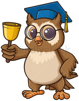 Owl teacher ringing school bell. PNG - JPG and vector EPS (infinitely scalable).