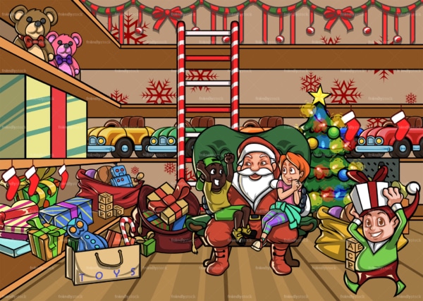 Santa and two kids hanging out at Santa's workshop. PNG - JPG and vector EPS file formats (infinitely scalable). Image isolated on transparent background.