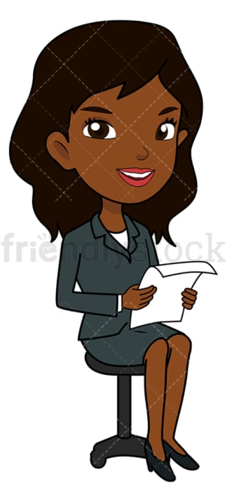 Black businesswoman sitting in an office chair. PNG - JPG and vector EPS file formats (infinitely scalable). Image isolated on transparent background.