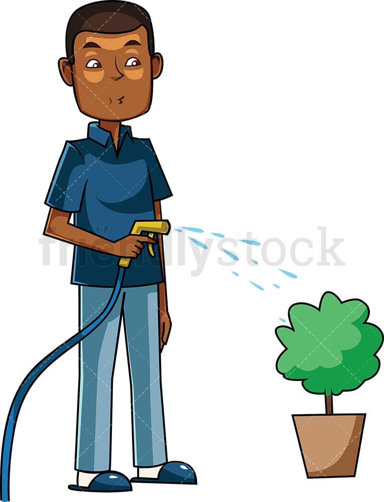 Black Man Watering Plant Cartoon Vector Clipart - FriendlyStock