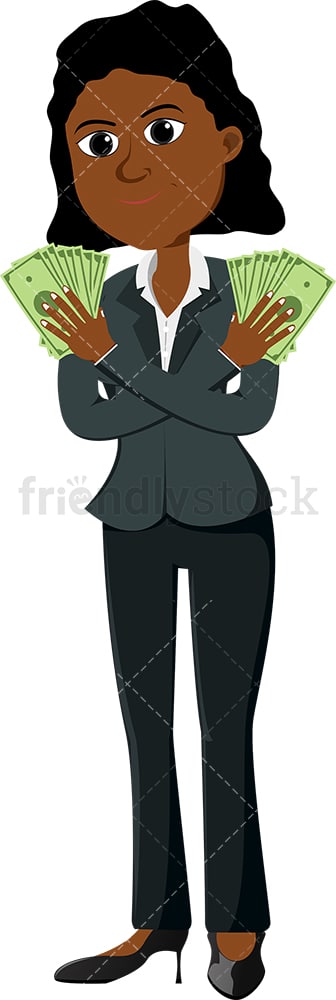 Black woman holding money with both hands. PNG - JPG and vector EPS file formats (infinitely scalable). Image isolated on transparent background.