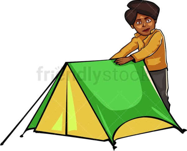 Black woman near tent while camping outdoors. PNG - JPG and vector EPS file formats (infinitely scalable). Image isolated on transparent background.