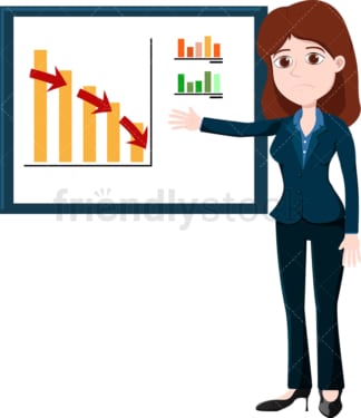 Businesswoman pointing to a downwards trending graph. PNG - JPG and vector EPS file formats (infinitely scalable). Image isolated on transparent background.