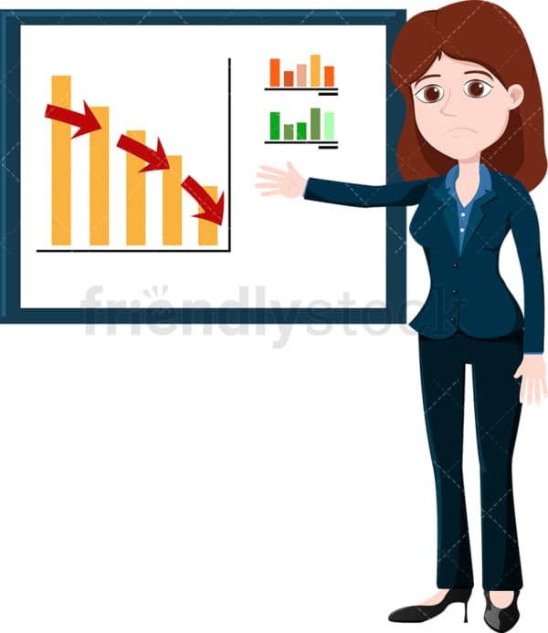 Businesswoman Pointing To A Downwards Trending Graph Vector - FriendlyStock
