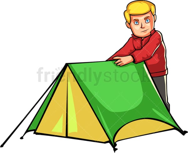 Man preparing tent while camping outdoors. PNG - JPG and vector EPS file formats (infinitely scalable). Image isolated on transparent background.