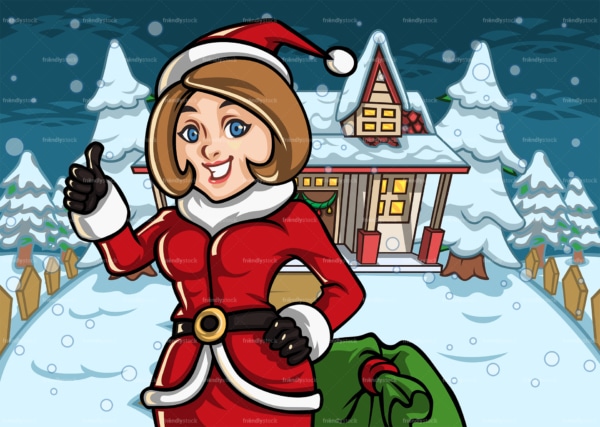 Mom dressed as santa outside a snowed house. PNG - JPG and vector EPS file formats (infinitely scalable). Image isolated on transparent background.