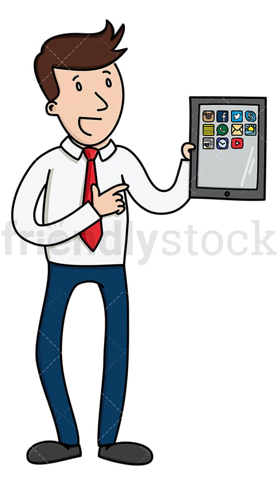 Talking businessman with tablet. PNG - JPG and vector EPS (infinitely scalable).
