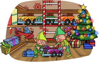 Christmas elves building toy at santa's workshop. PNG - JPG and vector EPS file formats (infinitely scalable). Image isolated on transparent background.