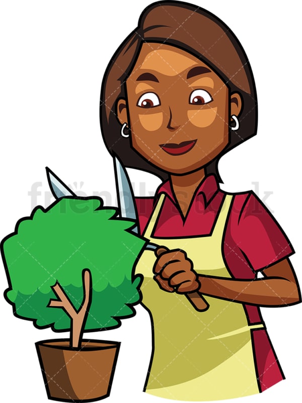 Black woman trimming small shrub. PNG - JPG and vector EPS file formats (infinitely scalable). Image isolated on transparent background.