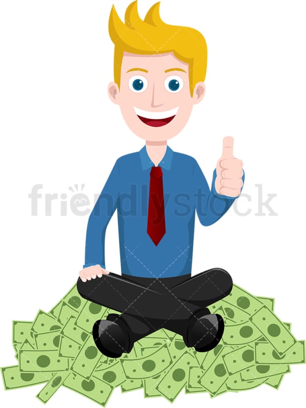 Man on pile of money giving the thumbs up. PNG - JPG and vector EPS file formats (infinitely scalable). Image isolated on transparent background.