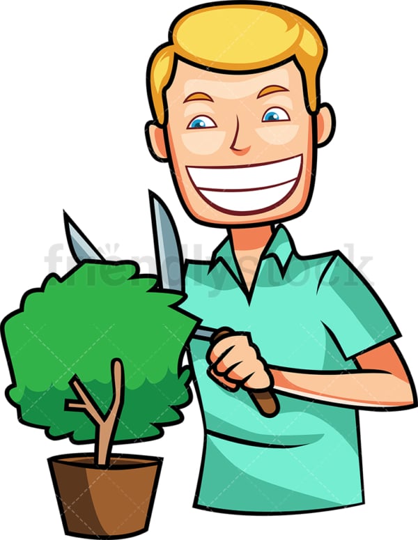 Man trimming a small shrub. PNG - JPG and vector EPS file formats (infinitely scalable). Image isolated on transparent background.