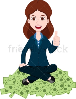 Woman giving the thumbs up atop pile of money. PNG - JPG and vector EPS file formats (infinitely scalable). Image isolated on transparent background.