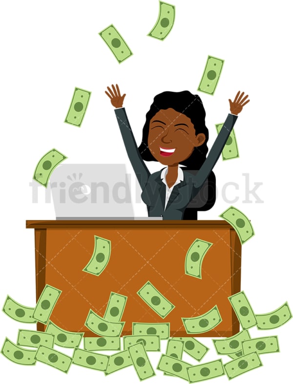 Black woman celebrating as she's making money online. PNG - JPG and vector EPS file formats (infinitely scalable). Image isolated on transparent background.