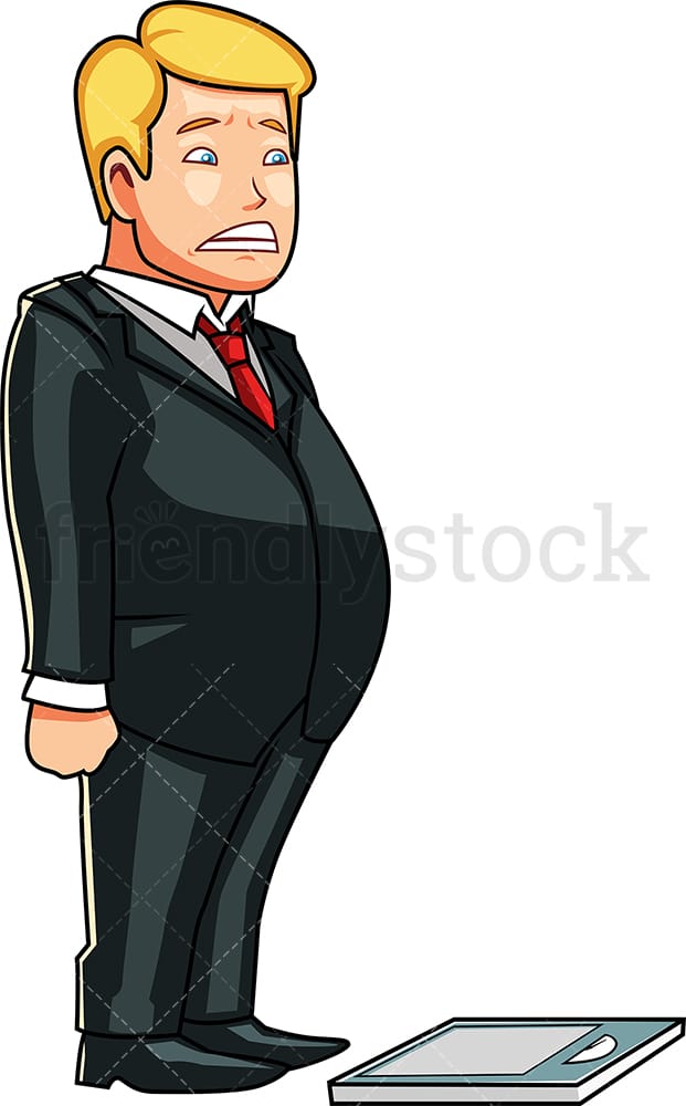 Overweight man fearfully eyeing a scale. PNG - JPG and vector EPS file formats (infinitely scalable). Image isolated on transparent background.