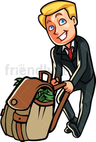Rich businessman pulling bag full of cash. PNG - JPG and vector EPS file formats (infinitely scalable). Image isolated on transparent background.