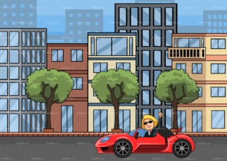 Rich woman driving sports car in the city. PNG - JPG and vector EPS file formats (infinitely scalable). Image isolated on transparent background.