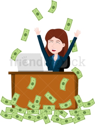 Woman celebrating at work while money rain down on her. PNG - JPG and vector EPS file formats (infinitely scalable). Image isolated on transparent background.
