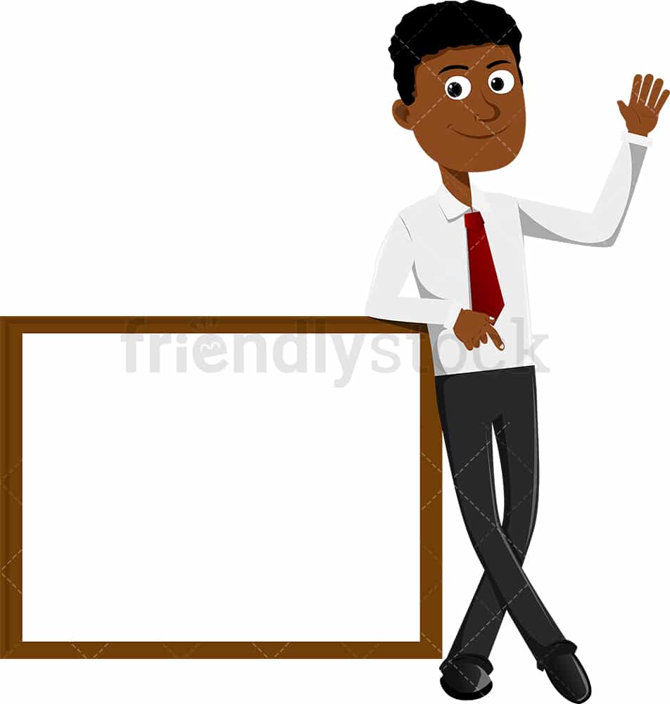 Black Businessman Leaning Against A Blank Whiteboard Vector - FriendlyStock