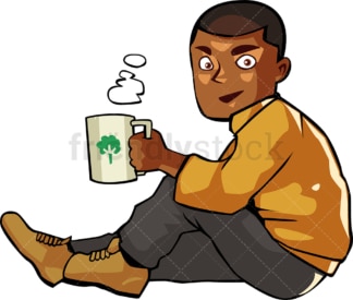 Black man drinking hot coffee while seated. PNG - JPG and vector EPS file formats (infinitely scalable). Image isolated on transparent background.