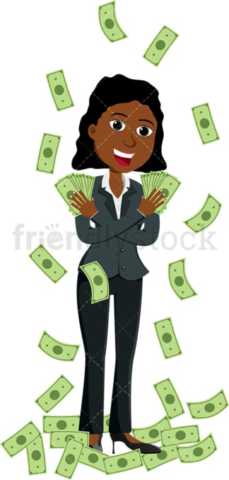 Black woman holding fan of money in each hand. PNG - JPG and vector EPS file formats (infinitely scalable). Image isolated on transparent background.