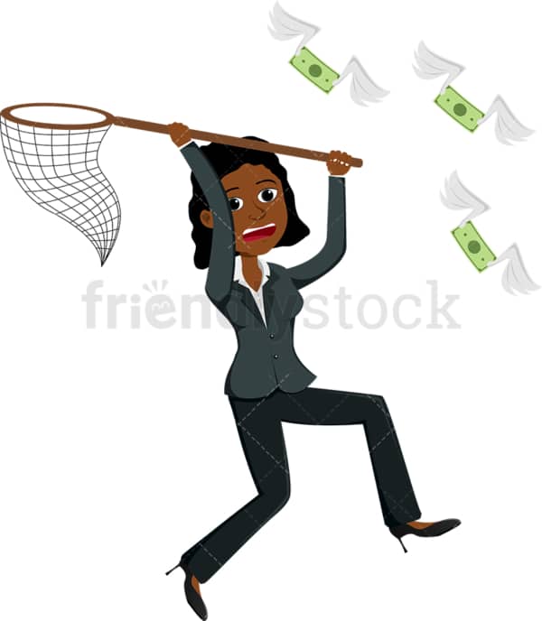 Black woman using net to capture money bills. PNG - JPG and vector EPS file formats (infinitely scalable). Image isolated on transparent background.