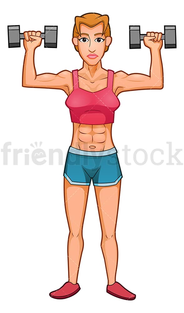 Fit woman performing shoulder press with dumbbells. PNG - JPG and vector EPS (infinitely scalable).